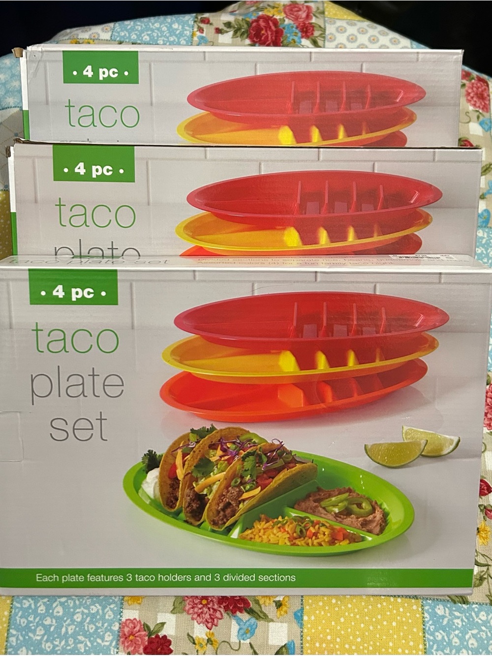 4 pc Taco Plate Set - Red, Yellow, Green 3 boxes =12 plates